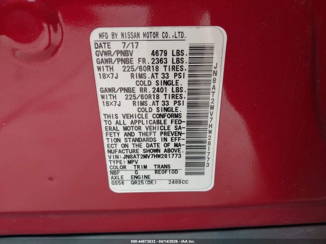 JN8AT2MV7HW281773 Nissan Rogue Sl