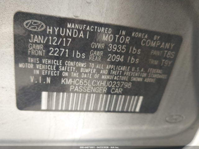 Auction sale of the 2017 Hyundai Ioniq Hybrid Blue, vin: KMHC65LCXHU023798, lot number: 44873551