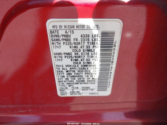 44873557 :رقم المزاد ، JN8AS5MT9FW661942 vin ، 2015 Nissan Rogue Select S مزاد بيع