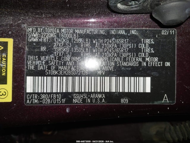 2011 Toyota Highlander Base V6 მანქანა იყიდება აუქციონზე, vin: 5TDBK3EH2BS072126, აუქციონის ნომერი: 44873559