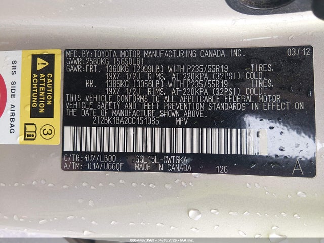 Aukcja sprzedaży 2012 Lexus Rx 350, vin: 2T2BK1BA2CC151085, numer aukcji: 44873563