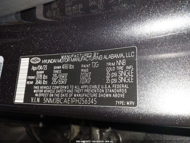 Продажа на аукционе авто 2023 Hyundai Tucson Sel, vin: 5NMJBCAE1PH256345, номер лота: 44873573