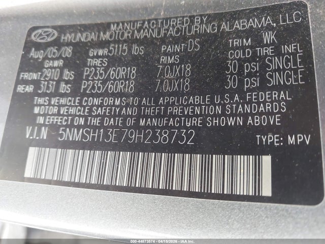44873574 :رقم المزاد ، 5NMSH13E79H238732 vin ، 2009 Hyundai Santa Fe Limited مزاد بيع