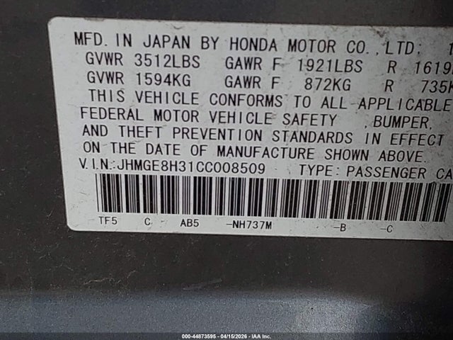 Продажа на аукционе авто 2012 Honda Fit, vin: JHMGE8H31CC008509, номер лота: 44873595
