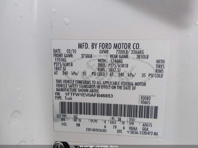 Aukcja sprzedaży 2010 Ford F-150 Lariat, vin: 1FTFW1EV0AFB46853, numer aukcji: 44873601