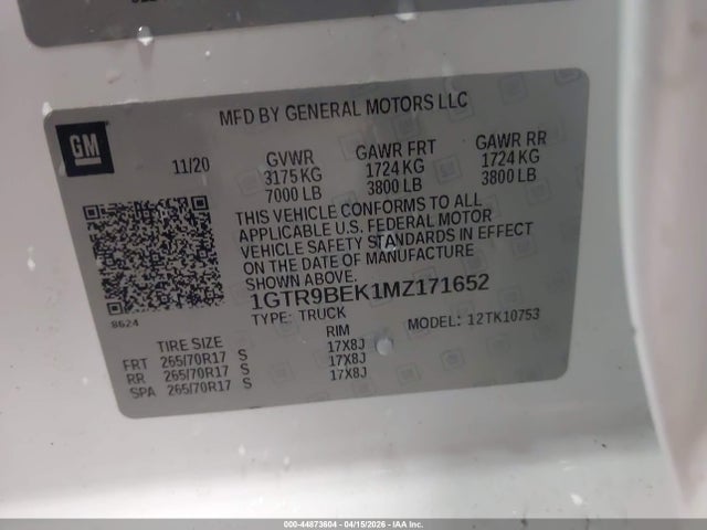 Aukcja sprzedaży 2021 Gmc Sierra 1500 4wd  Standard Box Sle, vin: 1GTR9BEK1MZ171652, numer aukcji: 44873604