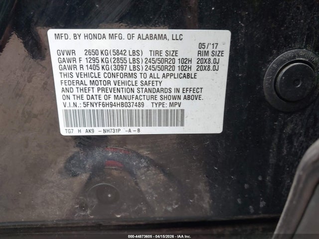44873605 :رقم المزاد ، 5FNYF6H94HB037489 vin ، 2017 Honda Pilot Touring مزاد بيع