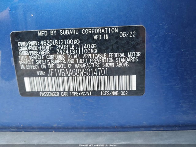 Subaru WRX 2022 JF1VBAA68N9014701 Image 9