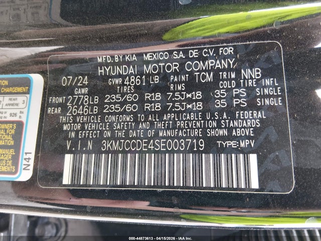 Aukcja sprzedaży 2025 Hyundai Tucson Sel Convenience, vin: 3KMJCCDE4SE003719, numer aukcji: 44873613
