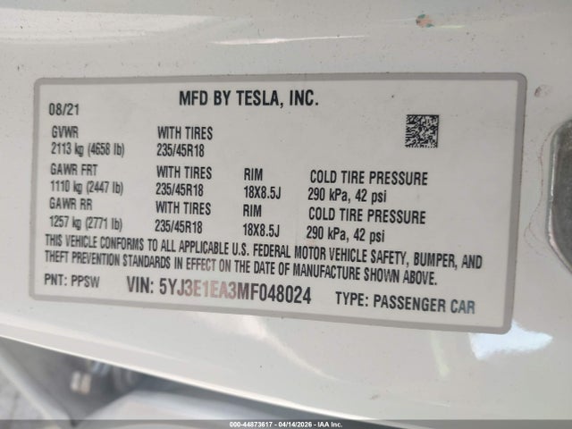 2021 Tesla Model 3 Standard Range Plus Rear-wheel Drive მანქანა იყიდება აუქციონზე, vin: 5YJ3E1EA3MF048024, აუქციონის ნომერი: 44873617