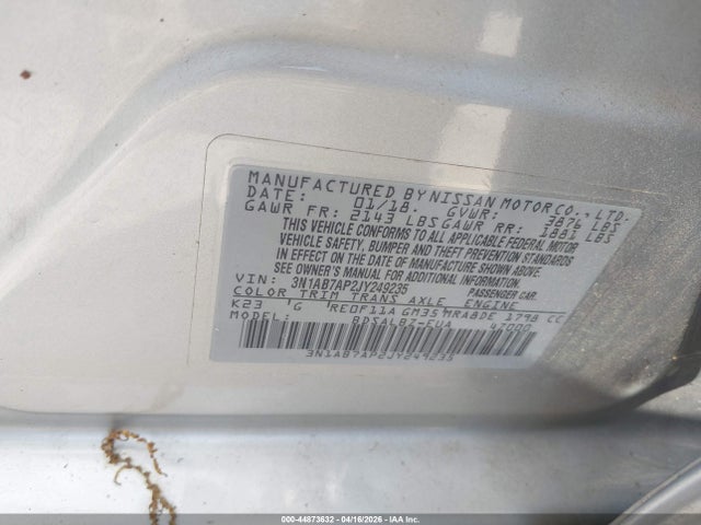 44873632 :رقم المزاد ، 3N1AB7AP2JY249235 vin ، 2018 Nissan Sentra S مزاد بيع