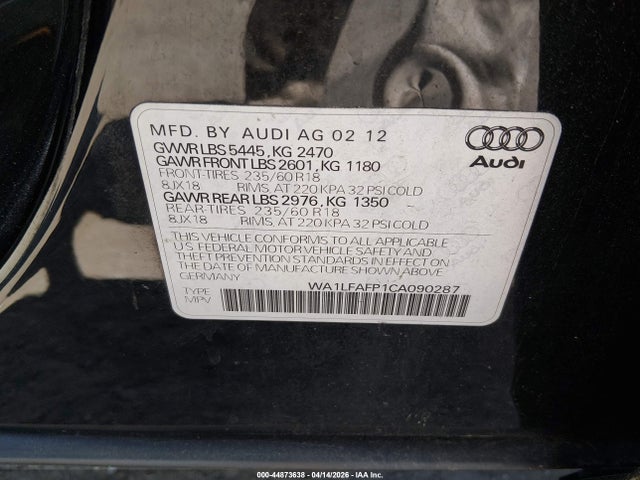 2012 Audi Q5 2.0t Premium მანქანა იყიდება აუქციონზე, vin: WA1LFAFP1CA090287, აუქციონის ნომერი: 44873638