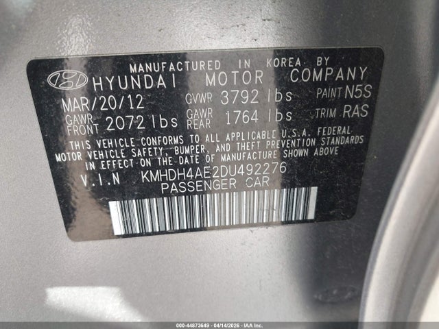 44873649 :رقم المزاد ، KMHDH4AE2DU492276 vin ، 2013 Hyundai Elantra Gls/limited مزاد بيع