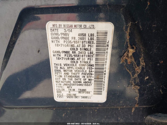 44873652 :رقم المزاد ، JN8AZ08T04W215507 vin ، 2004 Nissan Murano Sl مزاد بيع
