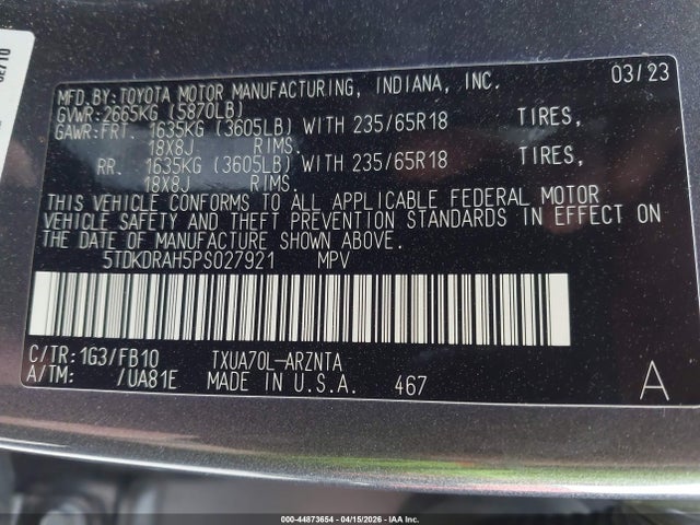 2023 Toyota Highlander L მანქანა იყიდება აუქციონზე, vin: 5TDKDRAH5PS027921, აუქციონის ნომერი: 44873654