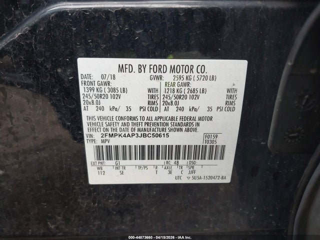 44873660 :رقم المزاد ، 2FMPK4AP3JBC50615 vin ، 2018 Ford Edge Sport مزاد بيع
