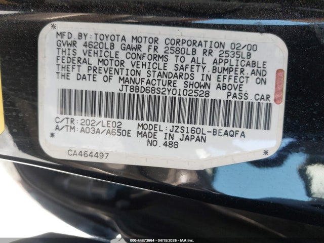 Aukcja sprzedaży 2000 Lexus Gs 300, vin: JT8BD68S2Y0102528, numer aukcji: 44873664