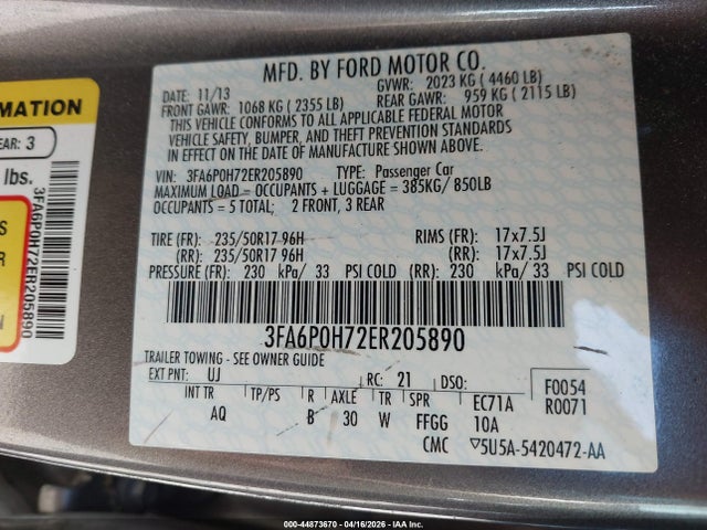 Продажа на аукционе авто 2014 Ford Fusion Se, vin: 3FA6P0H72ER205890, номер лота: 44873670