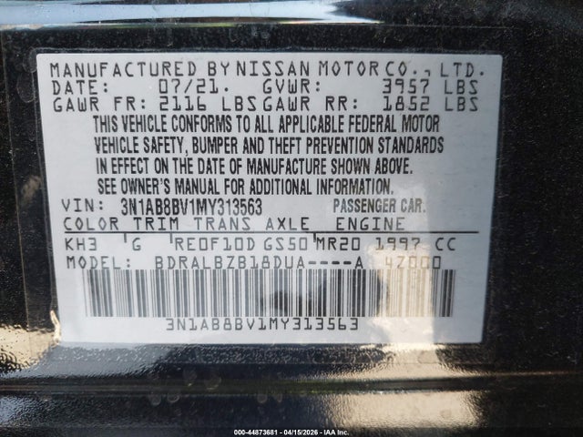 Aukcja sprzedaży 2021 Nissan Sentra S Xtronic Cvt, vin: 3N1AB8BV1MY313563, numer aukcji: 44873681