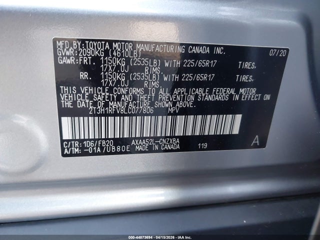 Aukcja sprzedaży 2020 Toyota Rav4 Le, vin: 2T3H1RFV8LC077806, numer aukcji: 44873694