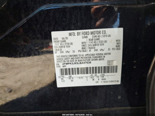Продаж на аукціоні авто 2020 Ford Edge Sel, vin: 2FMPK3J93LBA97636, номер лоту: 44873695
