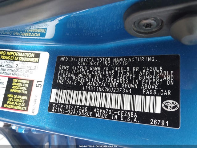 Продажа на аукционе авто 2019 Toyota Camry Le, vin: 4T1B11HK2KU237341, номер лота: 44873698