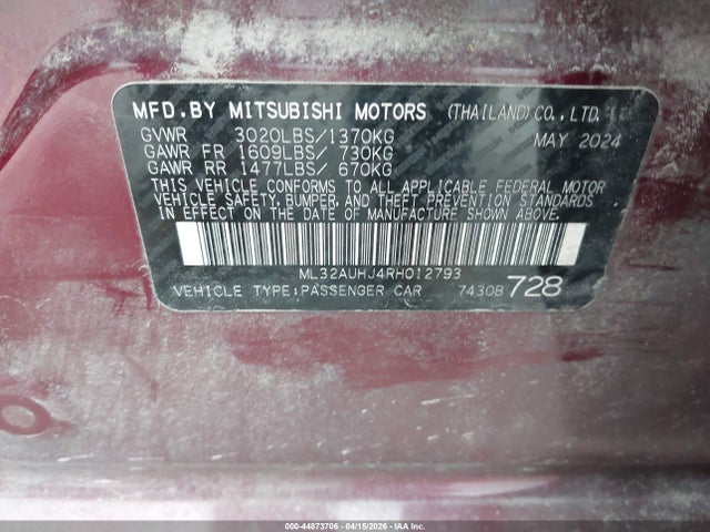 Aukcja sprzedaży 2024 Mitsubishi Mirage Es/le, vin: ML32AUHJ4RH012793, numer aukcji: 44873706