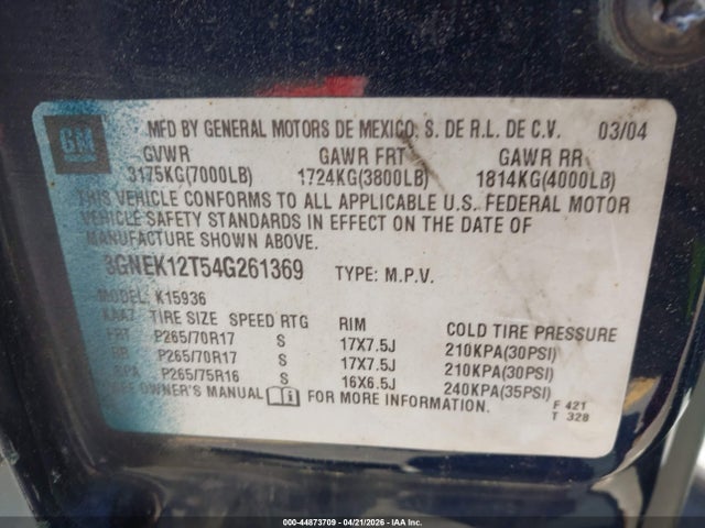 Продаж на аукціоні авто 2004 Chevrolet Avalanche 1500, vin: 3GNEK12T54G261369, номер лоту: 44873709