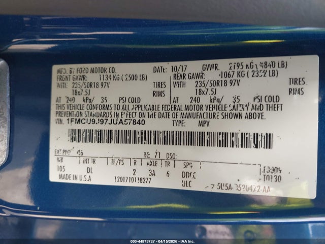 Продаж на аукціоні авто 2018 Ford Escape Titanium, vin: 1FMCU9J97JUA57840, номер лоту: 44873727