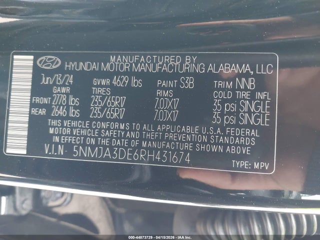 Aukcja sprzedaży 2024 Hyundai Tucson Se, vin: 5NMJA3DE6RH431674, numer aukcji: 44873729
