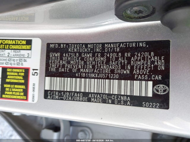 Aukcja sprzedaży 2018 Toyota Camry Le, vin: 4T1B11HKXJU571230, numer aukcji: 44873750