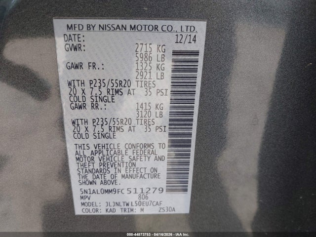 2015 Infiniti Qx60 მანქანა იყიდება აუქციონზე, vin: 5N1AL0MM9FC511279, აუქციონის ნომერი: 44873753