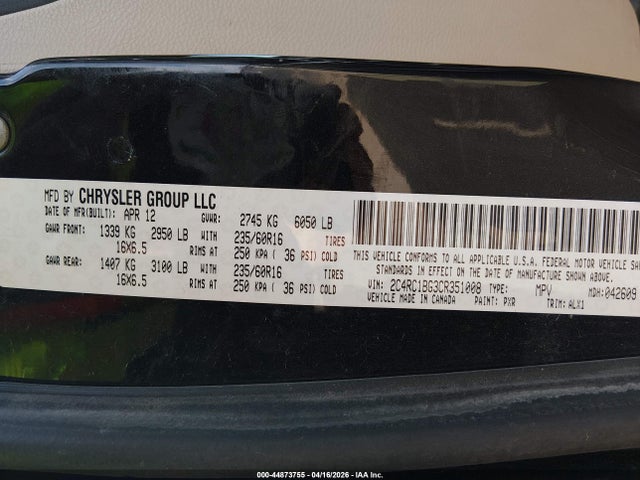 Продажа на аукционе авто 2012 Chrysler Town & Country Touring, vin: 2C4RC1BG3CR351008, номер лота: 44873755