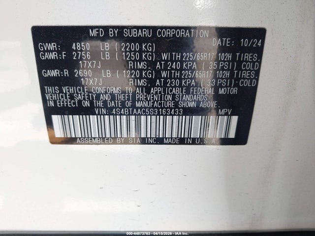 2025 Subaru Outback მანქანა იყიდება აუქციონზე, vin: 4S4BTAAC5S3163433, აუქციონის ნომერი: 44873763