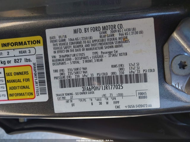 Aukcja sprzedaży 2018 Ford Fusion Se, vin: 3FA6P0H71JR177025, numer aukcji: 44873765