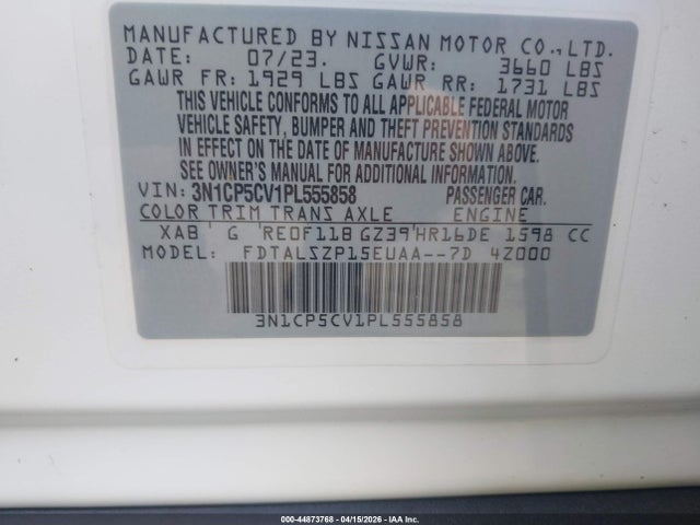 2023 Nissan Kicks Sv Xtronic Cvt მანქანა იყიდება აუქციონზე, vin: 3N1CP5CV1PL555858, აუქციონის ნომერი: 44873768