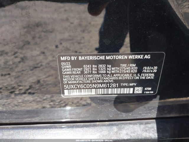 2022 Bmw X6 Xdrive40i მანქანა იყიდება აუქციონზე, vin: 5UXCY6C05N9M61281, აუქციონის ნომერი: 44873770