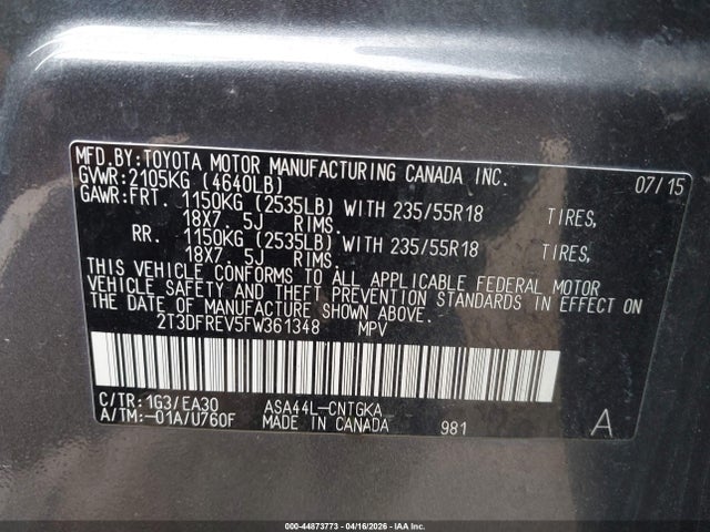 Продажа на аукционе авто 2015 Toyota Rav4 Limited, vin: 2T3DFREV5FW361348, номер лота: 44873773