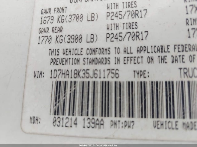 Продажа на аукционе авто 2005 Dodge Ram 1500 St, vin: 1D7HA18K35J611756, номер лота: 44873777