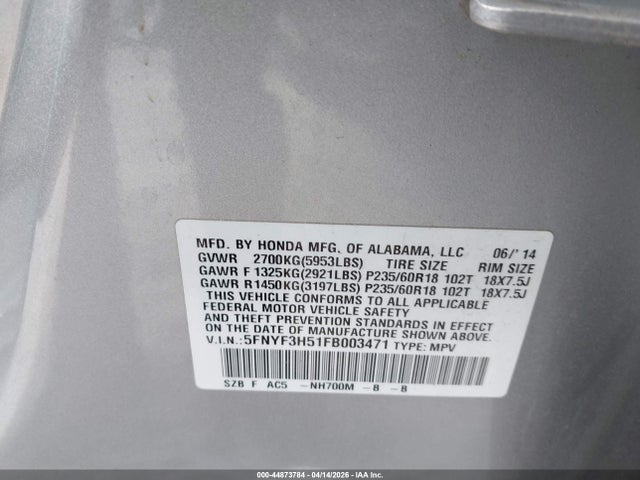 Honda Pilot Ex-l 2015 5FNYF3H51FB003471 Image 9