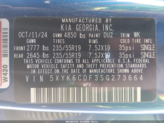 2025 Kia Sportage X-line მანქანა იყიდება აუქციონზე, vin: 5XYK6CDF3SG273664, აუქციონის ნომერი: 44873785