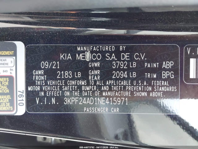 Продажа на аукционе авто 2022 Kia Forte Lxs, vin: 3KPF24AD1NE415971, номер лота: 44873792