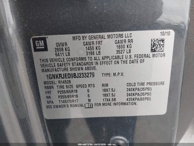 2011 Chevrolet Traverse 2lt მანქანა იყიდება აუქციონზე, vin: 1GNKRJED9BJ233279, აუქციონის ნომერი: 44873794