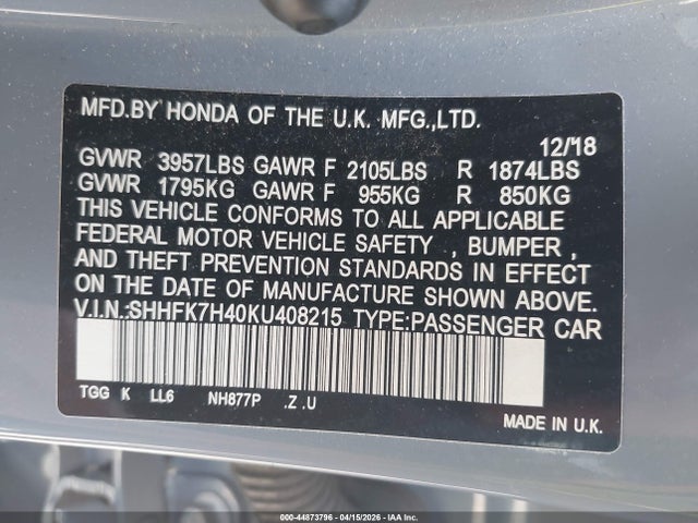 Aukcja sprzedaży 2019 Honda Civic Sport, vin: SHHFK7H40KU408215, numer aukcji: 44873796