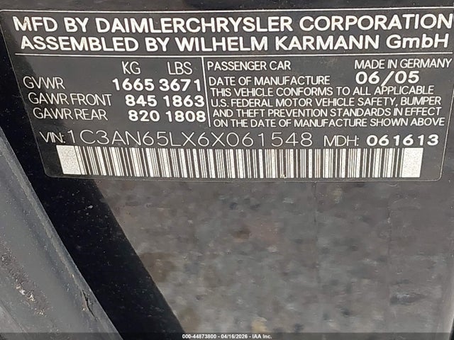 Продаж на аукціоні авто 2006 Chrysler Crossfire Limited, vin: 1C3AN65LX6X061548, номер лоту: 44873800