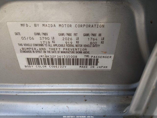 2006 Mazda Mazda3 I მანქანა იყიდება აუქციონზე, vin: JM1BK32F361535008, აუქციონის ნომერი: 44873811