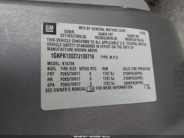 Aukcja sprzedaży 2007 Gmc Yukon Slt, vin: 1GKFK13027J108716, numer aukcji: 44873817