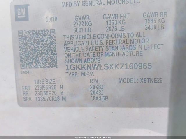44873834 :رقم المزاد ، 1GKKNWLSXKZ160965 vin ، 2019 Gmc Acadia Slt-2 مزاد بيع