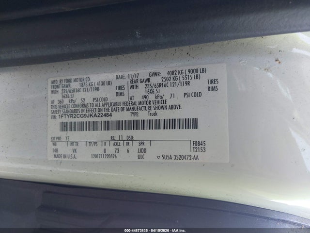 Aukcja sprzedaży 2018 Ford Transit-250, vin: 1FTYR2CG9JKA22484, numer aukcji: 44873835