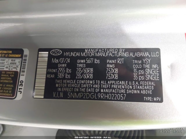 Aukcja sprzedaży 2024 Hyundai Santa Fe Sel, vin: 5NMP2DGL9RH022057, numer aukcji: 44873843